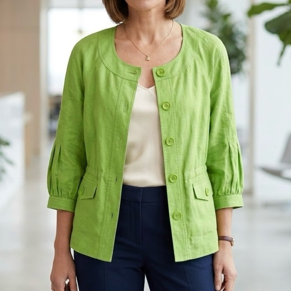 Jones New York Sport 100% Linen Blazer Jacket Quite Luxury Chic Green Coastal